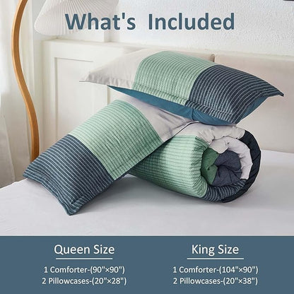WONGS BEDDING Comforter Set Queen Size, 3 Pieces Blue Striped Patchwork Comforter for Queen Bed, Soft Microfiber Reversible Bedding Set for All Season (90"x90")