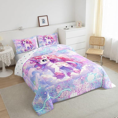 Cute Unicorn Reversible King Size Comforter Set,Pink Blue Unicorn Decor All Season Bedding Set,Teens Rainbow Stars Galaxy Comforter,Dreamy Love Decor Quilt Set Bedroom Collection 3Pcs,Colorful
