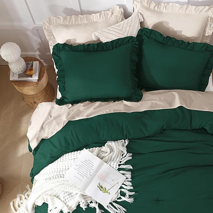 Andency California King Comforter Set Dark Green (104x96Inch), 3 Pieces Cal King Ruffle Comforter, Oversized Farmhouse Shabby Chic Bed Comforter, Lighteweight and Soft Microfiber Bedding Set