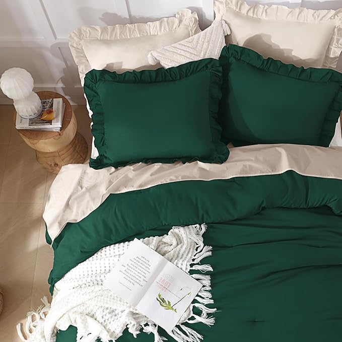 Andency Dark Emerald Green Comforter Set Queen, 3 Pieces Solid Ruffle Farmhouse Bedding Set for Queen Bed, Lightweight Soft Ruffled Bed Comforter Set for All Seasons