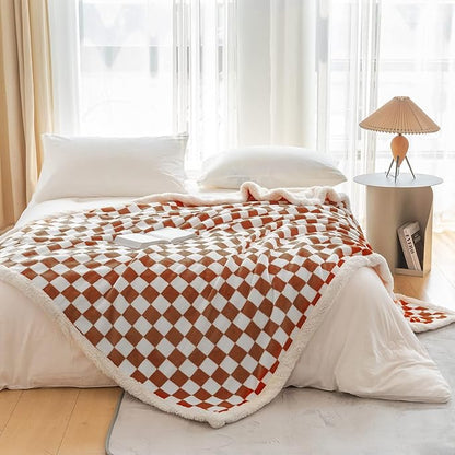 LOMAO Sherpa Throw Blanket Fleece Blanket with Checkered Pattern Soft Thick Blanket for Couch, Bed, Sofa Luxurious Warm and Cozy for All Seasons (Maple Brown, 51"x63")