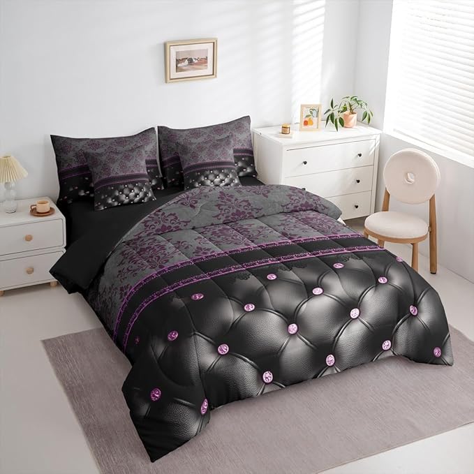 Purple Damask King Size Comforter Set with Sheets | Antique Decor Gothic Vintage Floral 7-Piece Bedding Set Luxury Black Diamond Texture Pattern Bohemian Bed in a Bag, Goth Victorian Bed Sets