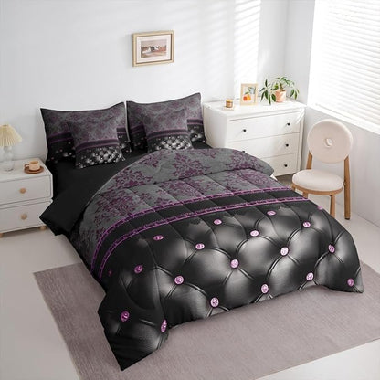 Purple Damask King Size Comforter Set with Sheets | Antique Decor Gothic Vintage Floral 7-Piece Bedding Set Luxury Black Diamond Texture Pattern Bohemian Bed in a Bag, Goth Victorian Bed Sets