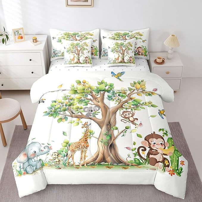 Erosebridal Zoo Animal 7 Piece Bedding Set Full Size,Elephant Monkey Koala Bed in a Bag,Birds Trees Bed Set Includes Comforter, Sheet Set, Pillowcases & Pillow Covers All Season Bedroom Decor