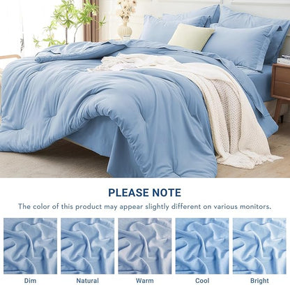 MUXHOMO 7 Pieces California King Comforter Set, Soft Bed in a Bag Cal King Size, All Season Bedding Set with Comforter, Flat Sheet, Fitted Sheet, Pillowcases & Shams, Greyish Blue