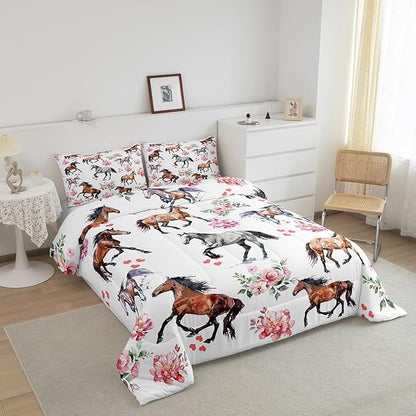 Erosebridal Horse Bedding Sets for Girls,Pink Horse Rose Comforter Full,Farmhouse Horse Bedding for Cabin Lodge,Western Cowboy Cowgirl Bed Sets with 2 Pillowcases