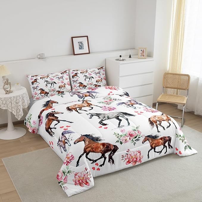 Horse Comforter Set King,Farm Western Cowboy Cowgirls Bedding Set for Kids Boys Girls Teens,Pink Rose Floral Duvet Insert with Cute Lover Heart,Kawaii Horse Down Comforter with 2 Pillowcases