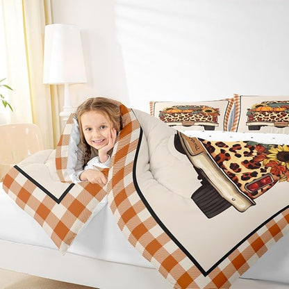 Fall Pumpkin Truck Comforter Set Twin Orange Rustic Farmhouse Buffalo Plaid Bedding Set Thanksgiving Harvest Season Comforter,Autumn Sunflower Maple Leaves Decorations For Home 1 Pillow Case