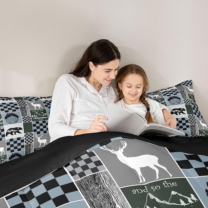Kids Rustic Deer Comforter Set, Retro Cabin Hunting Bear Bedding Queen Size Lodge Buffalo Plaid Quilt Adventure Western Wildlife Bedding Comforter Sets Bear Gifts For Bear Lovers, Blue Gray Black
