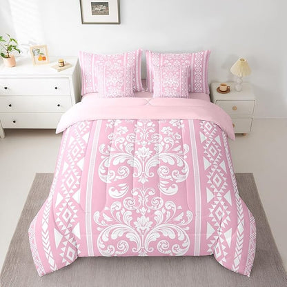 Comforter Set Twin Size, Pink Aztec Damask 7 Pcs Bedding for Kids and Adults, Victorian Decor Western Baroque Goth Floral Bed Sheet Sets with Fitted Sheet 2 Pillowcases & 2 Shams for Bedroom Bed Decor