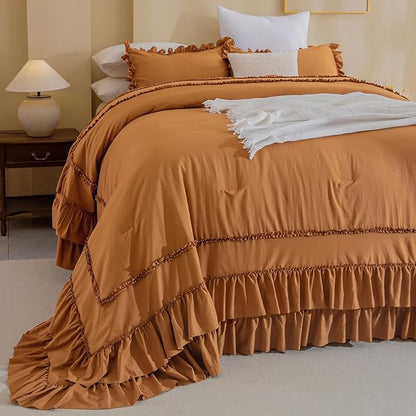 Masaca 120x120 Oversized King Comforter,Farmhouse Shabby Boho Chic Pumpkin Ruffle California King Comforter Set French Country Rustic Bedding 3PCS (1 Ruffled Comforter+2 Pillow Shams)