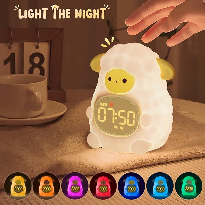 Sheep Alarm Clock with Night Light for Kids with Sleep Training and Sound Machine, Rechargeable Silicone Lamp OK to Wake Clock，Cute Animal Tabletop Lamp, Perfect Sleep Companion for Boys Girls