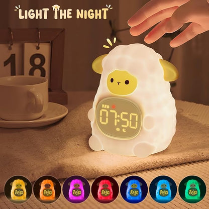 Sheep Alarm Clock with Night Light for Kids with Sleep Training and Sound Machine, Rechargeable Silicone Lamp OK to Wake Clock，Cute Animal Tabletop Lamp, Perfect Sleep Companion for Boys Girls