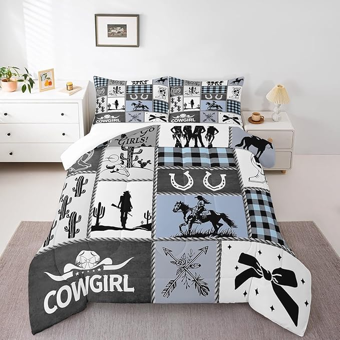 Western Cowgirl Girly Comforter Set Twin Size,Cactus Horseshoe Cow Skull Bow Bedding Set,Girls Women Room Decor,Cowgirl Boot Geometric Plaids Down Comforter,Blue Rustic Duvet Insert,1 Pillowcase