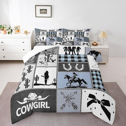 Western Cowgirl Girly Comforter Set King Size,Cactus Horseshoe Cow Skull Bow Bedding Set,Girls Women Room Decor,Cowgirl Boot Geometric Plaids Down Comforter,Blue Rustic Duvet Insert,2 Pillowcases