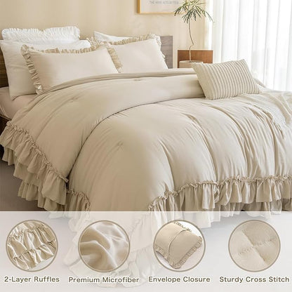 Masaca Ruffled Comforter Set Queen,3-Piece Farmhouse Shabby Boho Chic Bedding,Ultra Soft Fluffy Ruffle Bed Comforter Set (1 Wheat Comforter+2 Ruffle Pillow Shams)