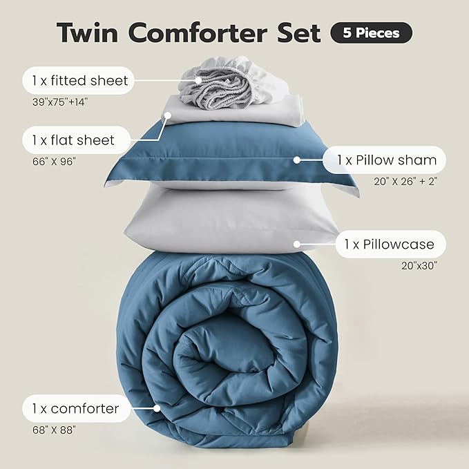Joiedomi Twin Comforter Set with Sheets Blue, 5 Pieces Twin Bedding Sets with 1 Down Alternative Comforter, 1 Flat Sheet, 1 Fitted Sheet, 1 Pillowcase and 1 Pillow Sham, Bed in a Bag for All Seasons