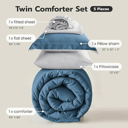 Joiedomi Twin Comforter Set with Sheets Blue, 5 Pieces Twin Bedding Sets with 1 Down Alternative Comforter, 1 Flat Sheet, 1 Fitted Sheet, 1 Pillowcase and 1 Pillow Sham, Bed in a Bag for All Seasons