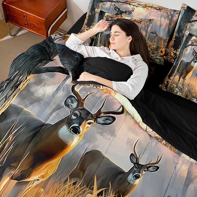 Erosebridal 7 Pcs Cute Deer Comforter Set for Kids Boys Girls Full Size - Woodland Hunting Deer Bedding Set with Sheets Woodland Wild Animal Bed in A Bag Farmhouse Rustic Cabin Lodge Duvet Insert