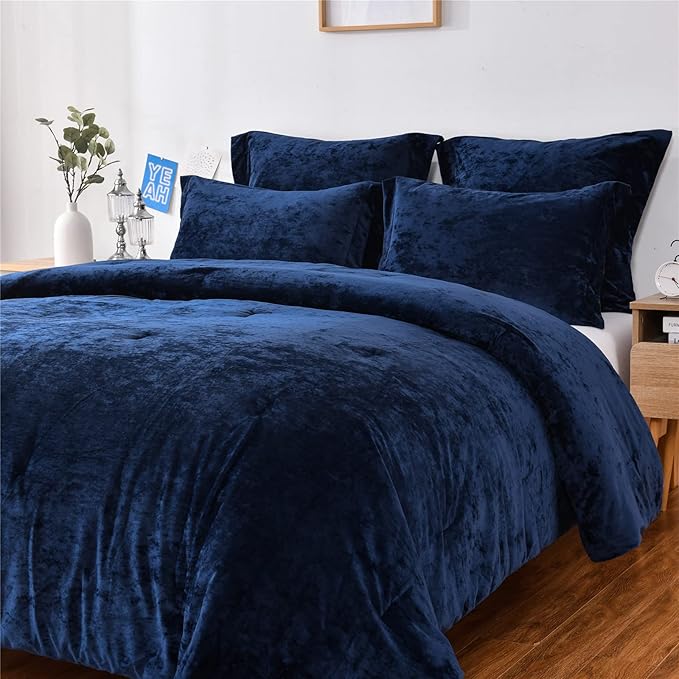 Sunshine Nicole Distressed Velvet Comforter Set, Distressed Velvet Face and Brushed Solid Microfiber Reverse, with Light Weight Soft Poly Fill, 5 Pieces Navy, Queen