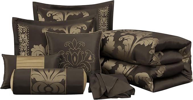Chezmoi Collection 7-Piece Jacquard Floral Comforter Set (California King, Coffee/Gold)