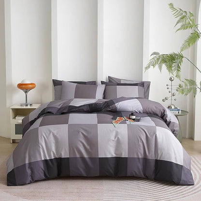 mixinni Queen Comforter Set Men Boys Geometric Checkered Plaid Printed Bedding Comforter for All Season Soft Lightweight Bedding Set-(Queen Size, Grey,Black)