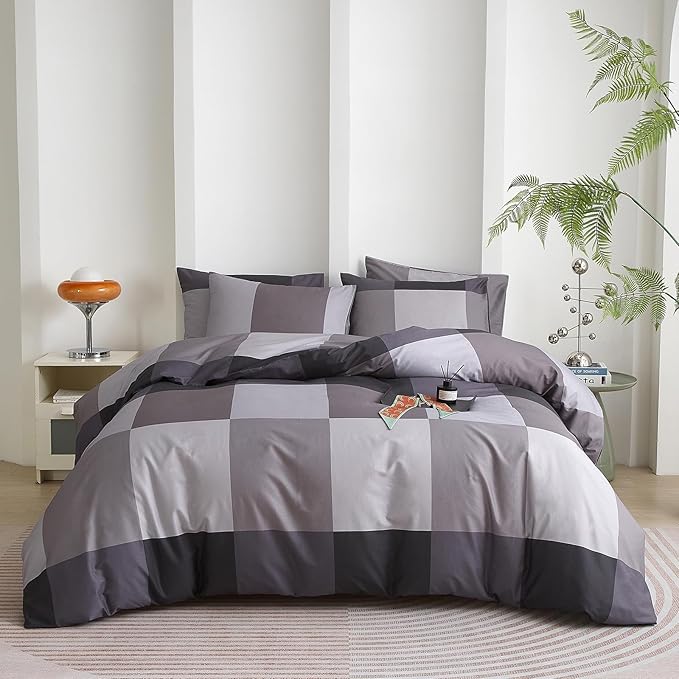 mixinni King Comforter Set Men Boys Geometric Checkered Plaid Printed Bedding Comforter for All Season Soft Lightweight Bedding Set-(King Size, Grey,Black)