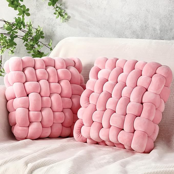 Wenqik 2 Pcs Knot Pillows Square Knotted Plush Throws Soft Accent Pillows Decoration Cushion for Couch Home Office Living Room Bedroom Bed Sofa Decor, 12'' x 13''(Pink,Crystal Velvet)