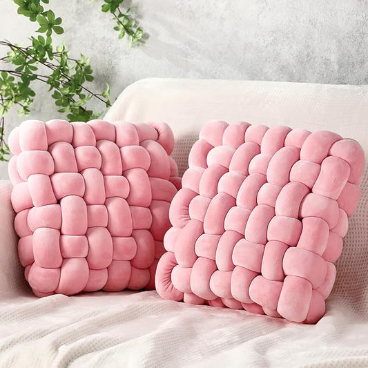 Wenqik 2 Pcs Knot Pillows Square Knotted Plush Throws Soft Accent Pillows Decoration Cushion for Couch Home Office Living Room Bedroom Bed Sofa Decor, 12'' x 13''(Pink,Crystal Velvet)