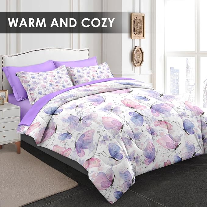 Comforter Set Full Size, Cute Lilac Pink 7 Pcs Bedding for Kids and Adults, Butterfly Cat Purple Bed Sheet Sets with Fitted Sheet 2 Pillowcases & 2 Shams for Bedroom Bed Decor