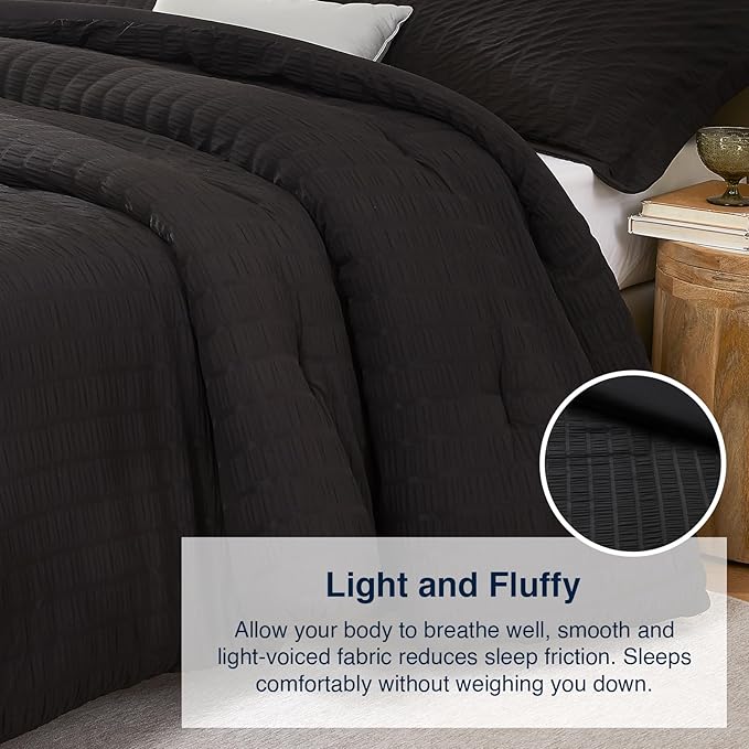 Black Full Comforter Set - 3 Pieces Seersucker Lightweight Bedding Comforter Sets (1 Soft Fluffy Comforter & 2 Pillowcases) - All Seasons Cozy Modern Bed Sets for Women Men