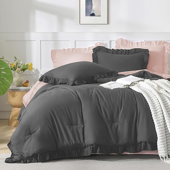 Andency Oversized King Comforter Set 120x98, 3 Pieces Ruffle Shabby Chic Famhouse Bedding Set, All Season Lightweight Fluffy Bed Set for Girls Women, Dark Gray
