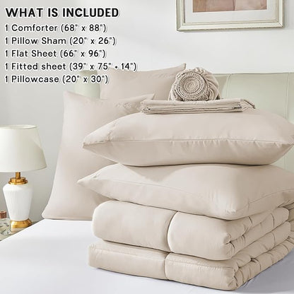 Anluoer Twin Size Bed in a Bag 5 Pieces, Beige Bed Comforter Set with Sheets, All Season Bedding Sets with 1 Comforter, 1 Pillow Sham, 1 Pillowcase, 1 Flat Sheet, 1 Fitted Sheet