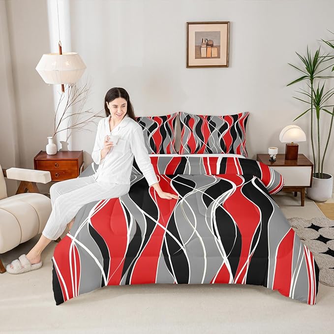 Erosebridal Abstract Bedding King Aesthetic Geometric Comforter Set, Black Gray Red Stripe Down Comforter Modern Artwork Bed Set, Colorful Quilted Duvet 3 Pieces with 2 Pillow Cases