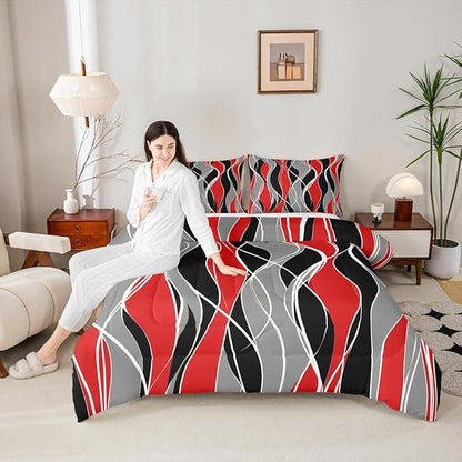 Erosebridal Abstract Comforter Set Queen Black Red Geometric Bedding Kids Bedroom Decor, Aesthetic Modern Duvet Insert Stripe Quilt Comforter, White Grey Lines Bedding Comforters & Sets 3pcs