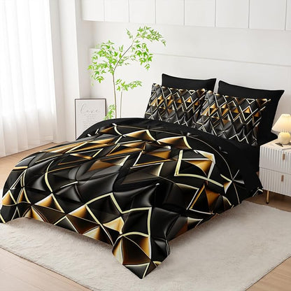 7 Piece Black and Gold King Comforter Set Geometric Pattern，King Quilt Bedding Set Checkered，(1 Comforter, 1 Flat Sheet, 1 Fitted Sheet, 2 Pillowcase and 2 Pillow Sham)