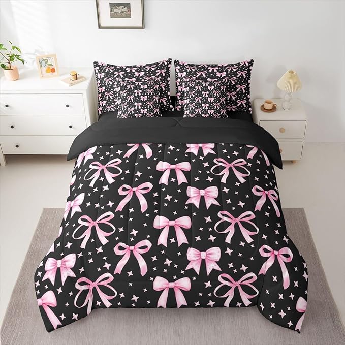 Erosebridal Bowknot Girls Pink Black Kawaii Y2K Full Comforter Set 7 Pieces | Princess Bed in A Bag for Bedroom Princess Bedding Set with Comforters Cute Bow Room Decor