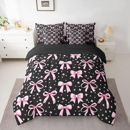 Erosebridal Bowknot Girls Pink Black Kawaii Y2K Full Comforter Set 7 Pieces | Princess Bed in A Bag for Bedroom Princess Bedding Set with Comforters Cute Bow Room Decor