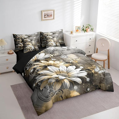 Feelyou Girls Vintage Flower Comforter Set with Sheets King Size 7 Pieces Kids Yellow Daisy Florals Pattern Bedding Set for Boys Women Teens Butterfly Botanical Nature Garden Theme Bed in a Bag