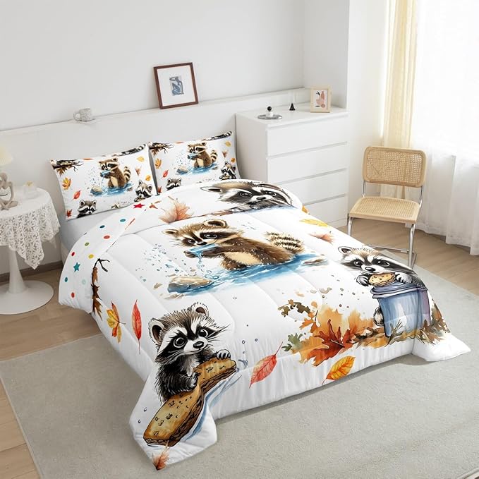 Fall Jungle Kids Comforter Toddler,Kawaii Raccoon Animals Bedding Set for Girls Youth Bedroom Decor,Retro Autumn Fallen Leaves Reversible Quilt Sets,Cute Wildlife Bedding Comforter Set,Soft Fluffy