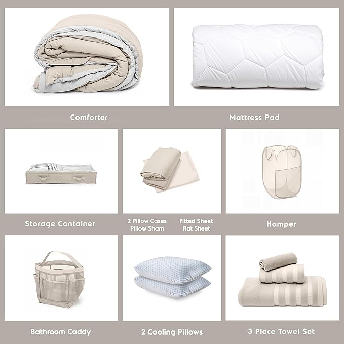Hearth & Harbor Complete Dorm Room Set, Twin XL Comforter Set, Sheet Set, Pillows, Mattress Protector, Towels and Organizers - All Dorm Accessories Included