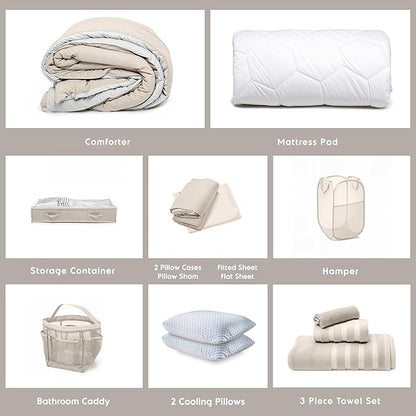 Hearth & Harbor Complete Dorm Room Set, Twin XL Comforter Set, Sheet Set, Pillows, Mattress Protector, Towels and Organizers - All Dorm Accessories Included