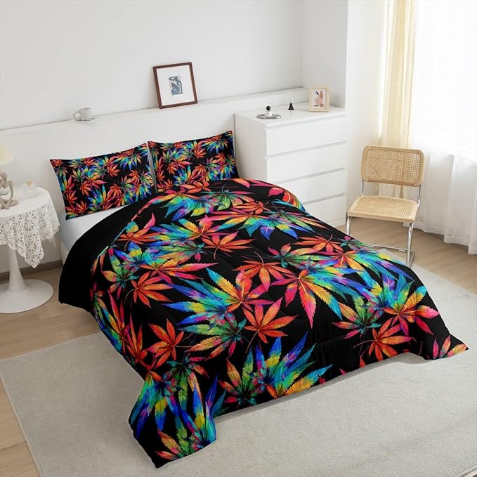 Erosebridal Leaves Comforter Set Full,Rainbow Leaf Bedding for Kids Teens Adults,Colorful Hippie Down Comforter,Tropical Botanical Bedding Comforter Sets