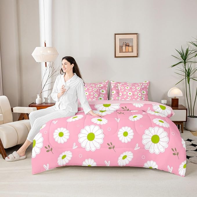 Feelyou Daisy Comforter Set with Sheets 7 Piece Twin Size Botanical Floral Printed Bed in a Bag Kids Boys Girls Blossom Flowers Pattern Bedding Set Pink Bedroom Decor Microfiber