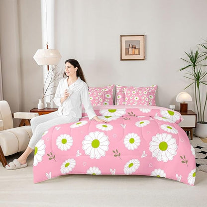 Feelyou Daisy Comforter Set with Sheets 7 Piece Twin Size Botanical Floral Printed Bed in a Bag Kids Boys Girls Blossom Flowers Pattern Bedding Set Pink Bedroom Decor Microfiber