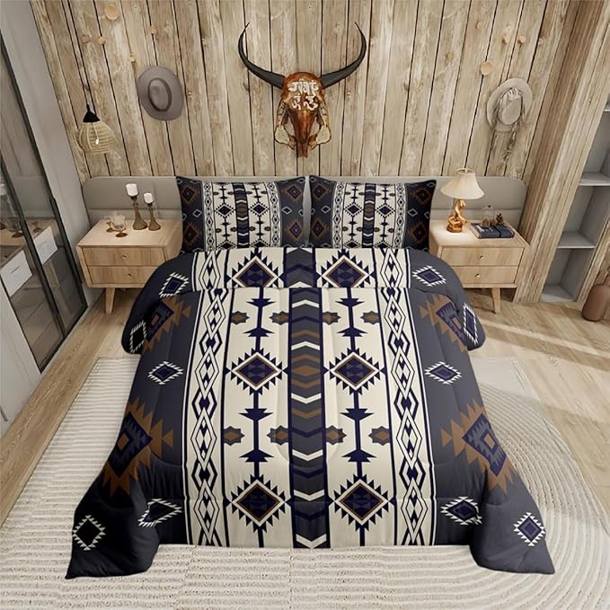 Erosebridal Aztec Geometric Comforter Set Toddler,Vintage Western Boho Bedding Set Southwestern Ethnic Tribal Bedding Comforter Sets for Kids Boys Adults Men American Native Quilt Duvet Black Brown
