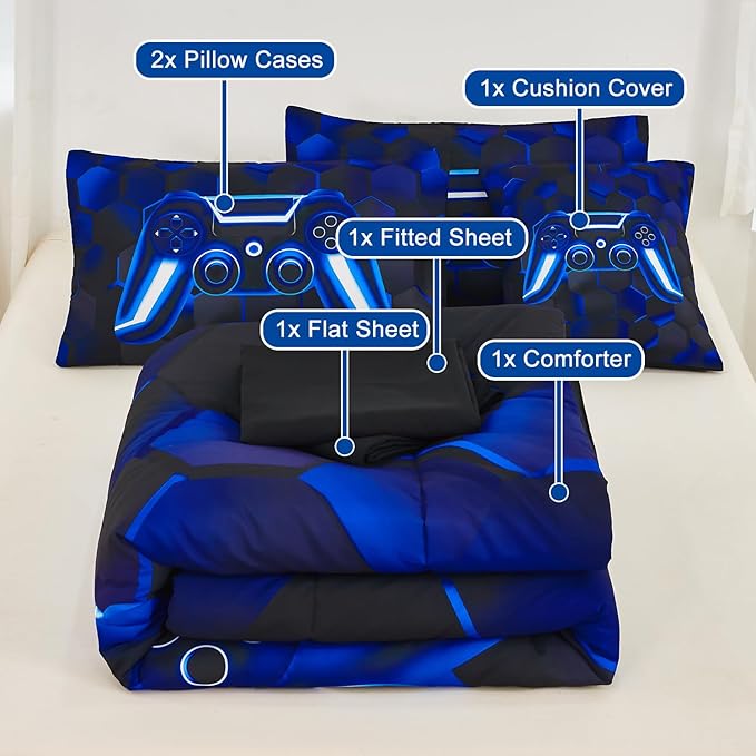 URBONUR Blue Gamer Comforter Set Queen Size for Teen Boy Bedding Sets 3D Gaming Geometric Printed Soft Microfiber Kids Bed in A Bag