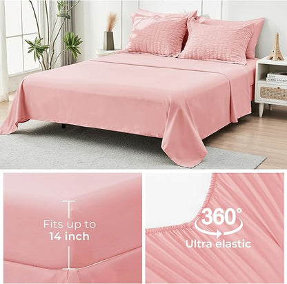 HYMOKEGE Rose Pink Twin Comforter Set Seersucker 5 Pieces, All Season Luxury Bed in a Bag for Bedroom, Bedding Set with Comforter, Sheets, Pillowcase & Sham