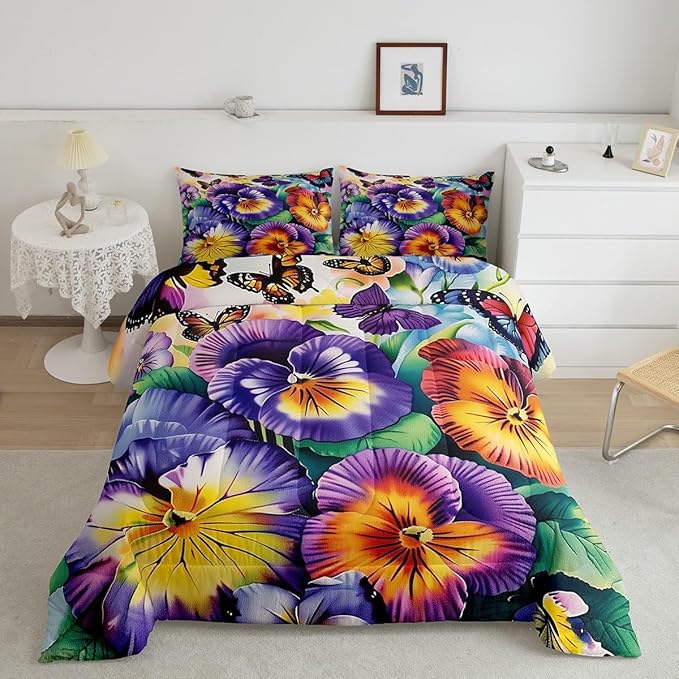 Erosebridal Flower Butterfly Girls Bedding Sets Queen Garden Pansy Floral Bed Comforter Set Rustic Farmhouse Spring Comforter Set Pastoral Country Blossom Quilt Duvet Purple Yellow Room Decor