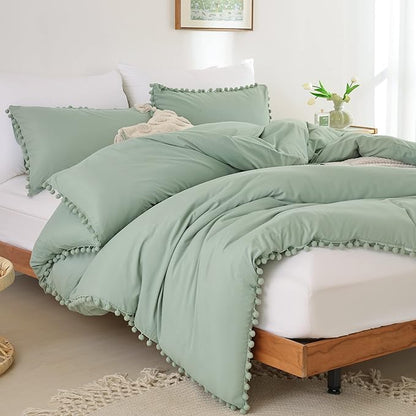 YIRDDEO King Size Comforter Set - King Size Comforter with Ball Pom Fringe, Soft King Bedding Set for All Seasons - 3 Pieces, 1 Comforter (104"x90"inches) & 2 Pillow Shams(20"x36"), Sage Green